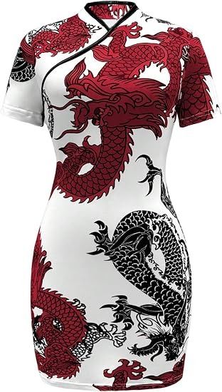 White Dress With Red And Black Dragon Print obraz 2