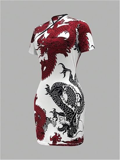 White Dress With Red And Black Dragon Print obraz 5