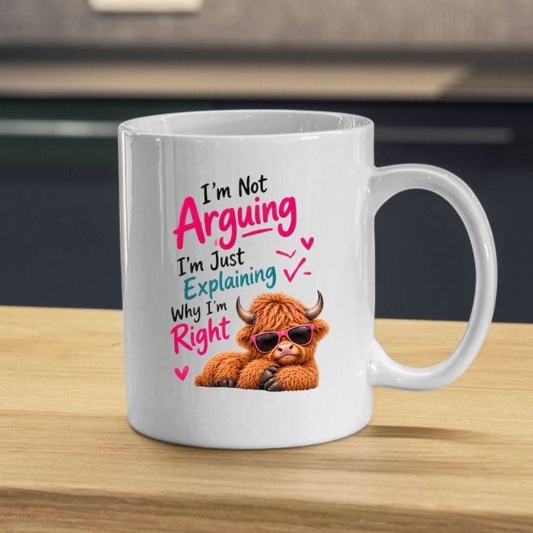 Other Sassy Mug I'm Not Arguing I'm Just Explaining Why I'm Right Highland Cow 325ml Ceramic Coffee Mug – Funny Sarcastic Tea Cup with Pink Sunglasses & Hearts Gift | Available in Multicolours | Fast Dispatch by UK Seller (M1283) product image
