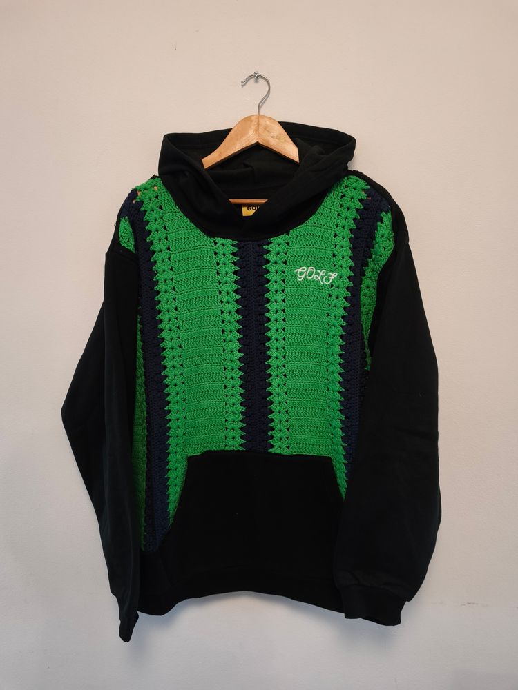 Golf Black Hoodie With Green And Navy Crochet Overlay