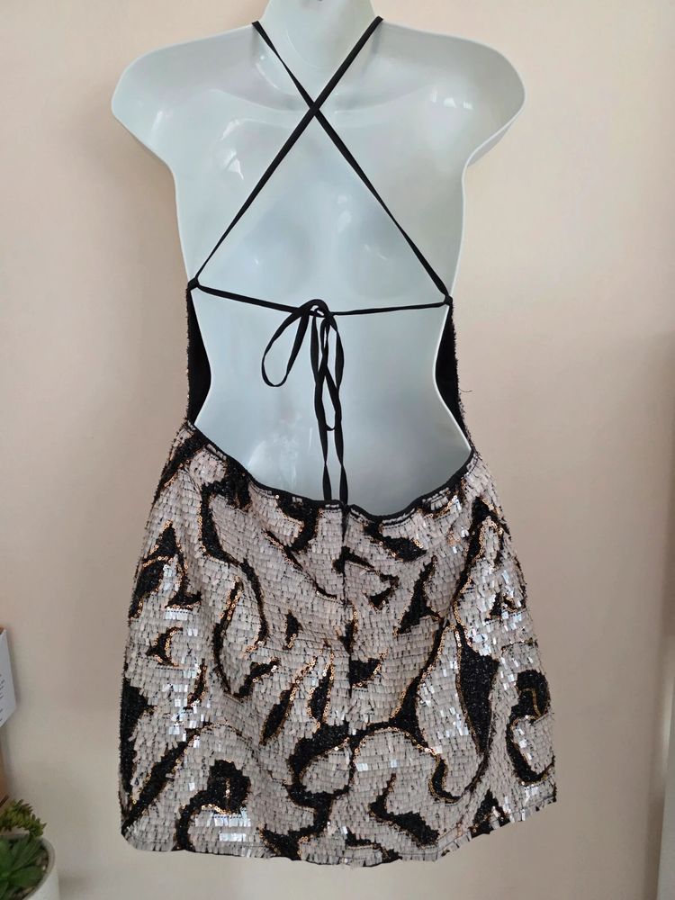 Immagine di 🪩 Silver & Black Sequin Backless Halter Mini Dress Size L/UK12-14 2