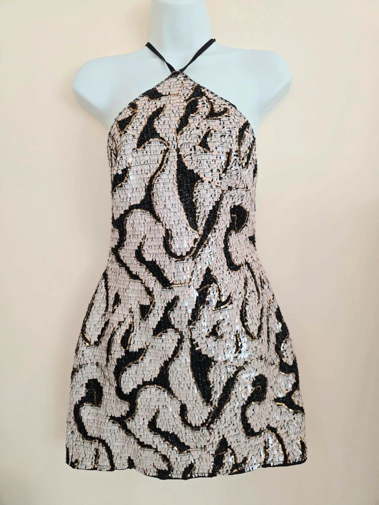 🪩 Silver & Black Sequin Backless Halter Mini Dress Size L/UK12-14 image 1