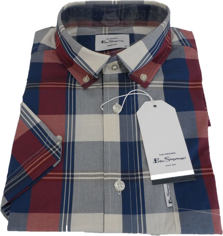 Ben Sherman Mens Dark Red Block Check Short Sleeved Shirt image 3