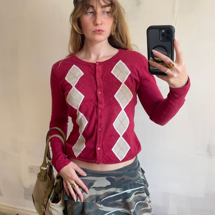 Immagine di Y2K  Preppy Argyle Cardigan Sweater 1