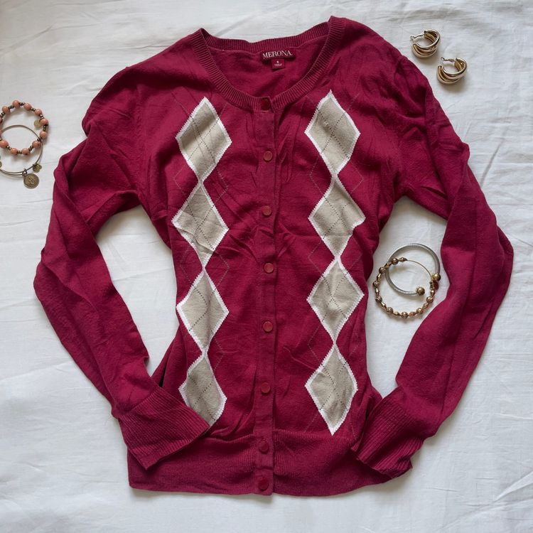 Y2K  Preppy Argyle Cardigan Sweater image 2