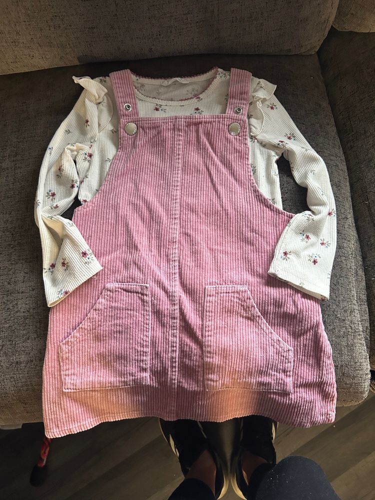 Other Pink Corduroy Pinafore Dress With Floral Long Sleeve Top product image
