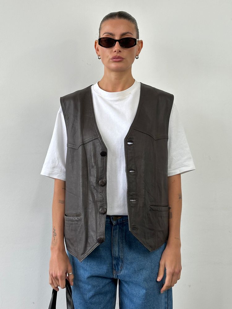 Other Vintage 1990s Leather Waistcoat - XL product image