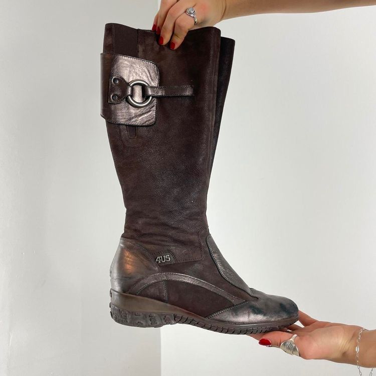 4Us Brown Leather And Suede Knee-High Boots 5