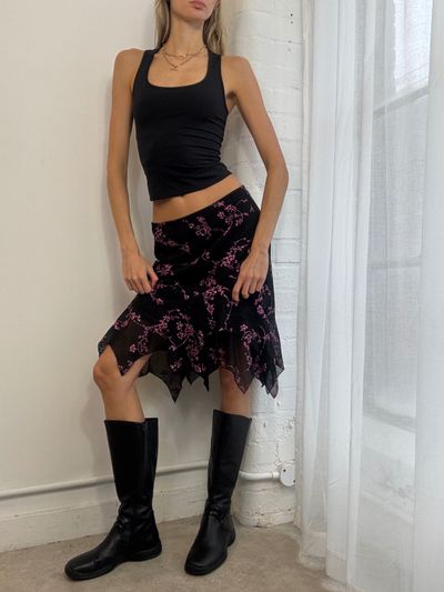 Black Floral Asymmetrical Skirt