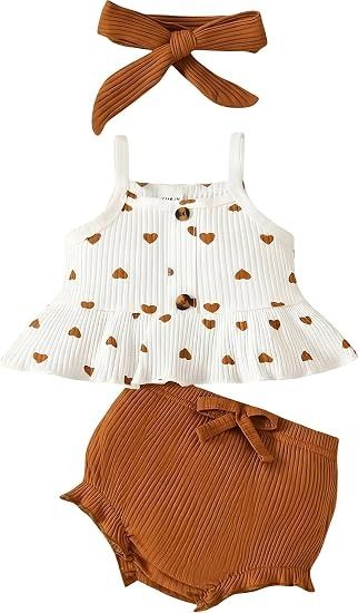 Kids Two-Piece Outfit With Heart Print Top And Ribbed Shorts