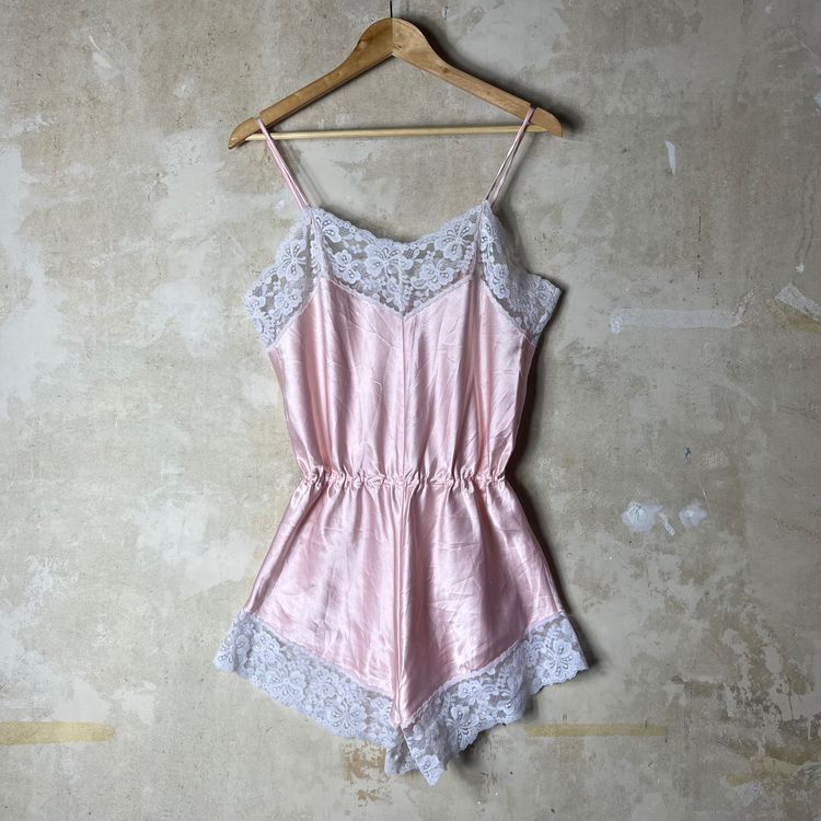 Pink Lace-Trimmed Satin Romper