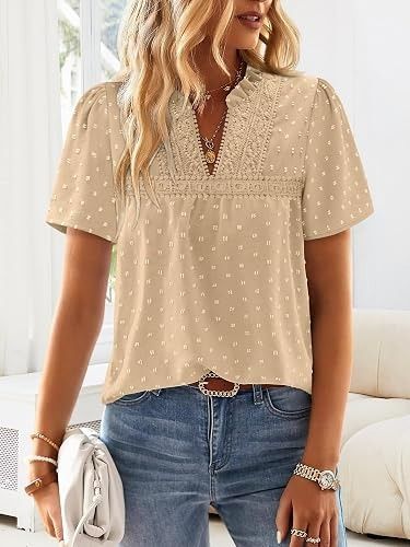 Beige Short Sleeve Blouse With Lace Detail image 4