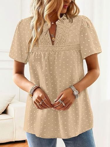 Beige Short Sleeve Blouse With Lace Detail