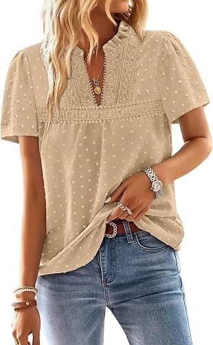 Beige Short Sleeve Blouse With Lace Detail image 3