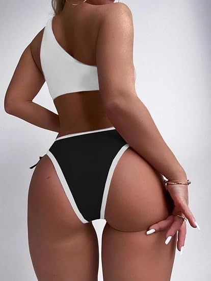 Black And White One-Shoulder Bikini Set obraz 5