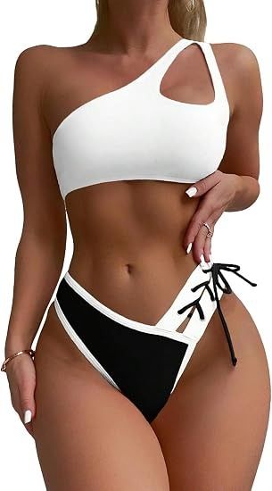 Black And White One-Shoulder Bikini Set