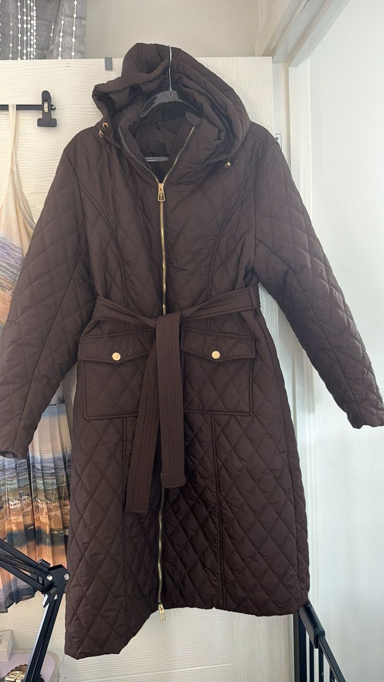 Quilted Long Coat With Hood And Belt