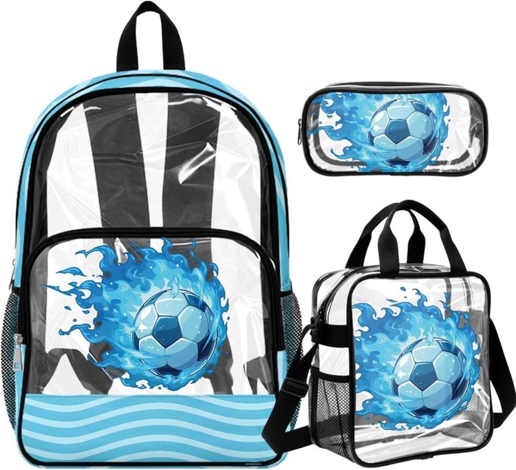 Set Clear Backpack, Lunch Bag, And Pencil Case Set With Blue Flaming Soccer Ball Design product image