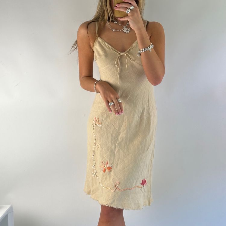 Beige Slip Dress With Floral Embroidery