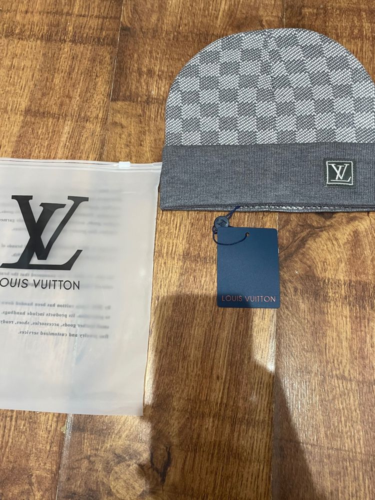 Louis Vuitton Grey Checkered Beanie Hat