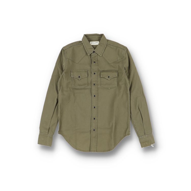 Saint Laurent Paris Khaki Classic Western Distressed Denim Shirt