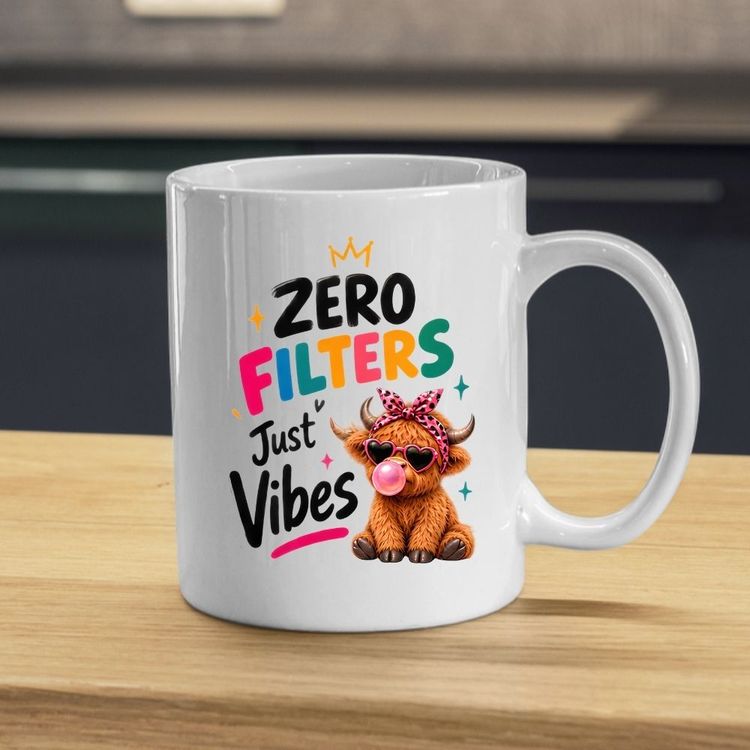 Other Sassy Mug Zero Filters Just Vibes Highland Cow 325ml Ceramic Coffee Mug – Cute Animal Tea Cup with Heart Sunglasses, Pink Bow & Bubblegum Gift | Available in Multicolours | Fast Dispatch by UK Seller (M1284) product image