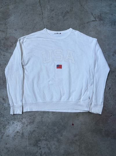 White Sweatshirt With Usa Text And Flag Embroidery