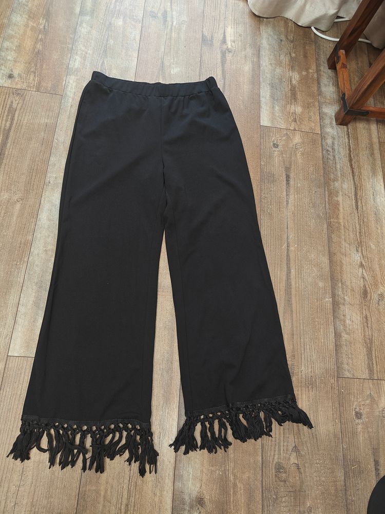 Shein Curve Black Wide-Leg Pants With Fringe Hem