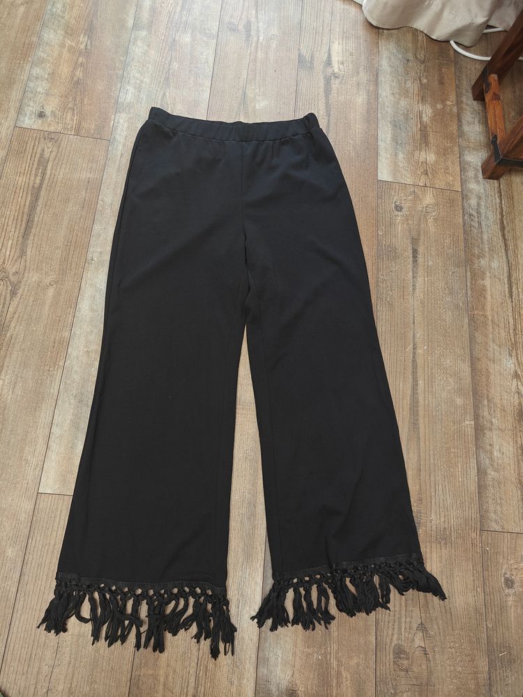 Shein Curve Black Wide-Leg Pants With Fringe Hem image 3