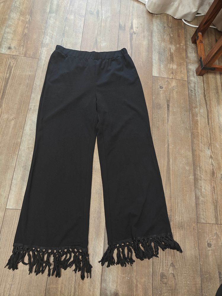 Shein Curve Black Wide-Leg Pants With Fringe Hem image 2