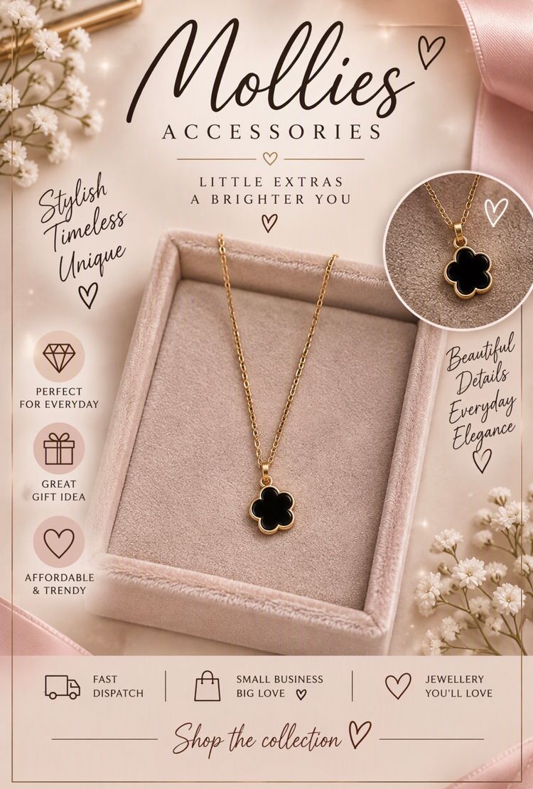Gold Necklace With Black Flower Pendant