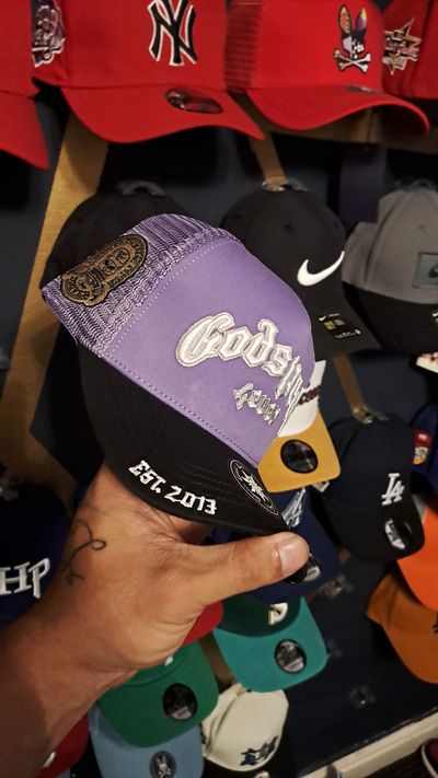 Purple And Black Trucker Cap With Embroidered Text And Patches