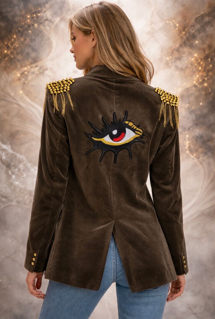 Brown Velvet Blazer With Gold Studded Epaulets And Eye Patch