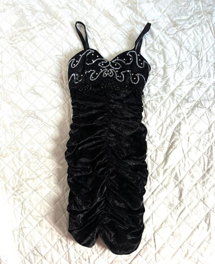 Black Ruched Velvet Dress With Sequin Detailing