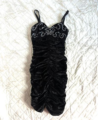 Black Ruched Velvet Dress With Sequin Detailing
