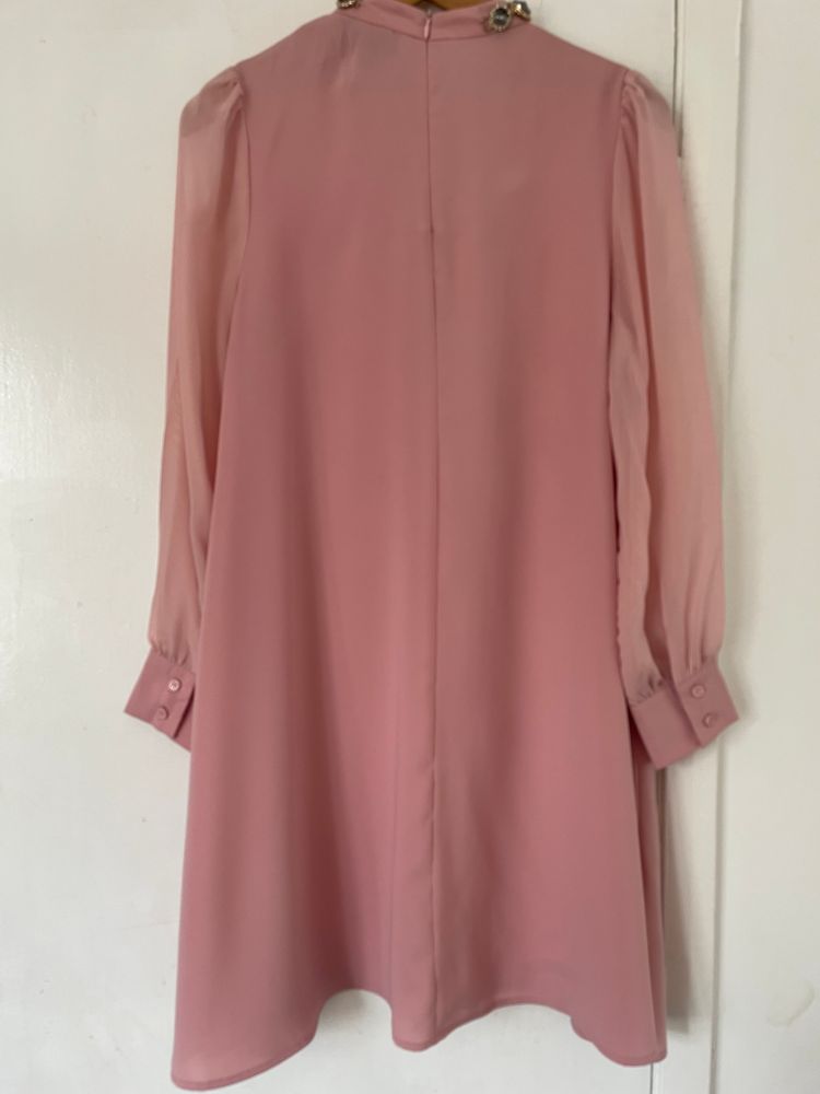 Pink Long Sleeve blouse, shirt dress With Jeweled Neckline 4