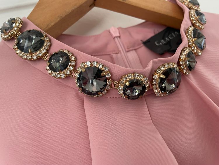 Pink Long Sleeve blouse, shirt dress With Jeweled Neckline 3