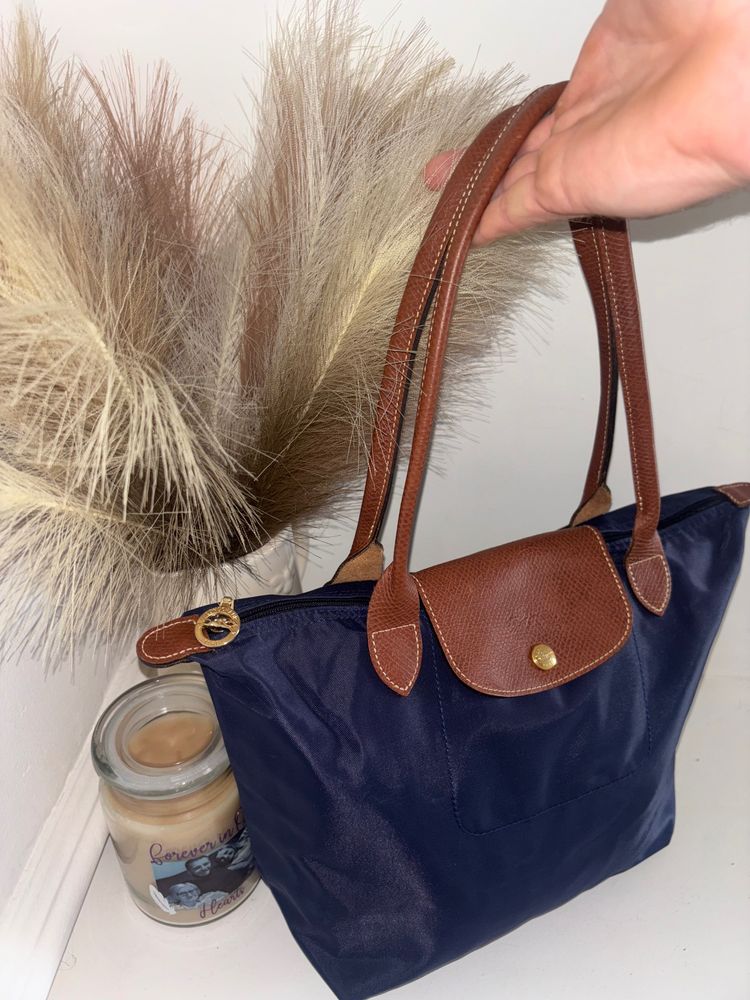 Navy Tote Bag With Brown Leather Handles And Flap