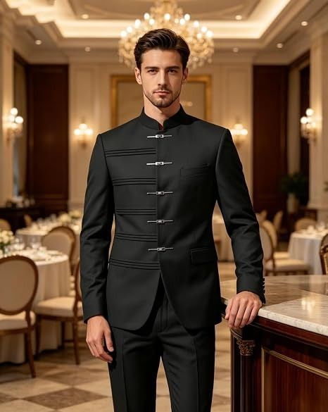 Immagine di Black Mandarin Collar Suit Jacket With Silver Clasps 4