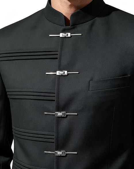 Immagine di Black Mandarin Collar Suit Jacket With Silver Clasps 1