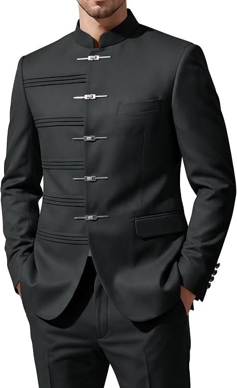 Immagine di Black Mandarin Collar Suit Jacket With Silver Clasps 2