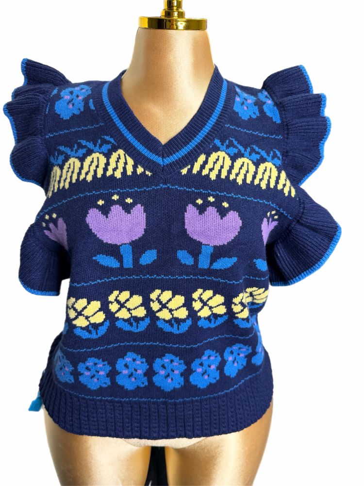 Blue Floral Knit Sleeveless Sweater Vest