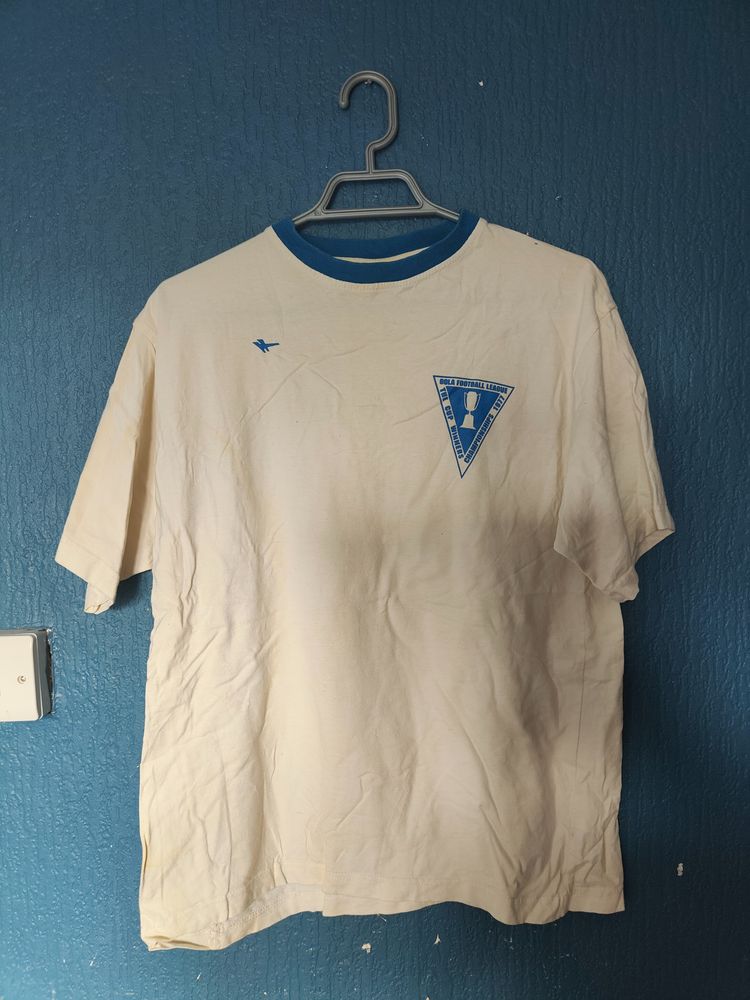 White T-Shirt With Blue Collar And Logo