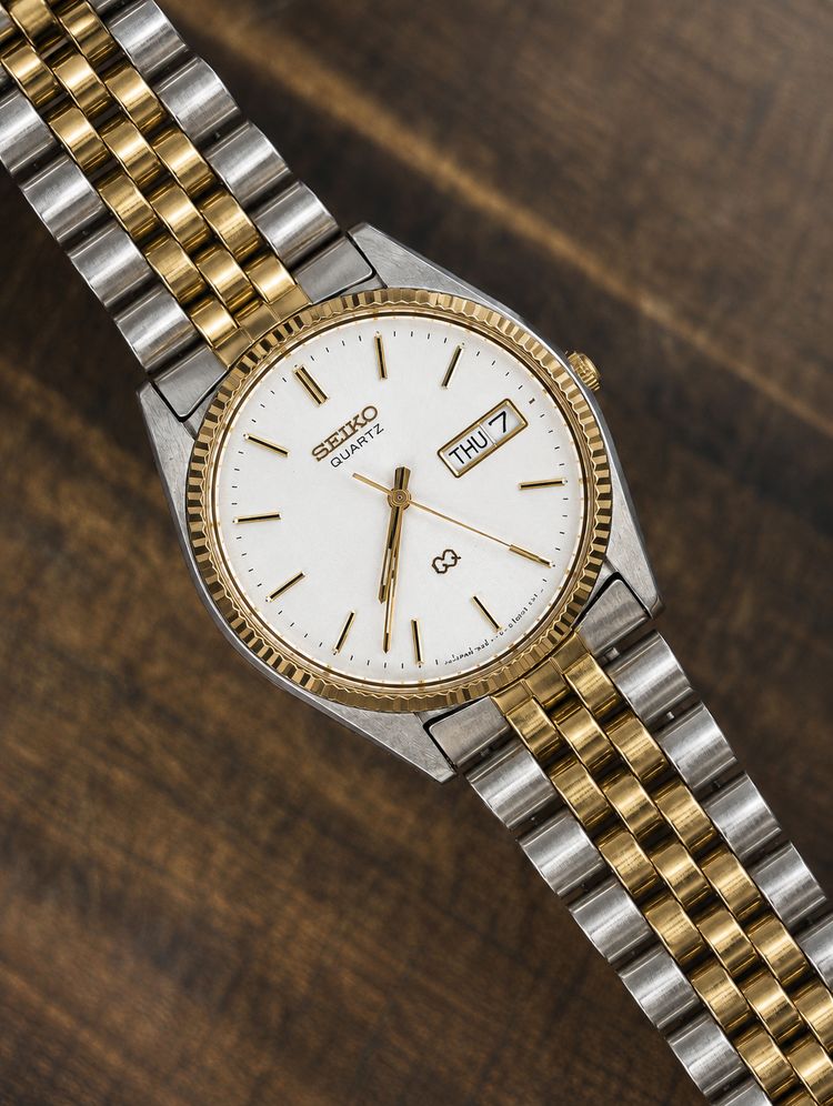 Vintage Seiko Quartz Day-Date Watch | Two-Tone Stainless Steel | White Dial | Japan