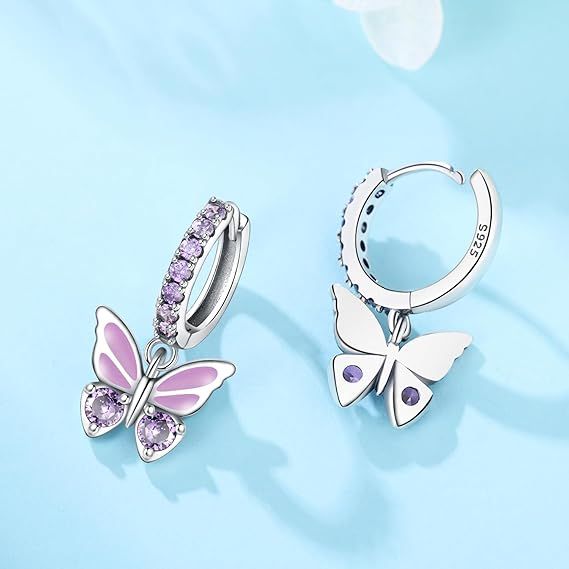 Immagine di Silver Butterfly Hoop Earrings With Purple Stones 2