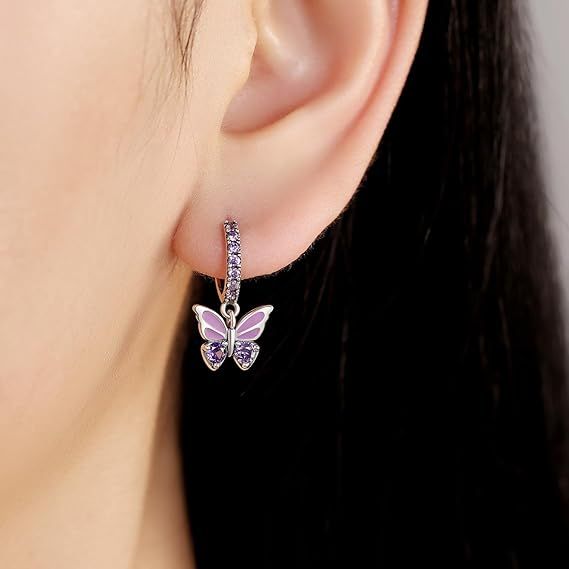 Immagine di Silver Butterfly Hoop Earrings With Purple Stones 3