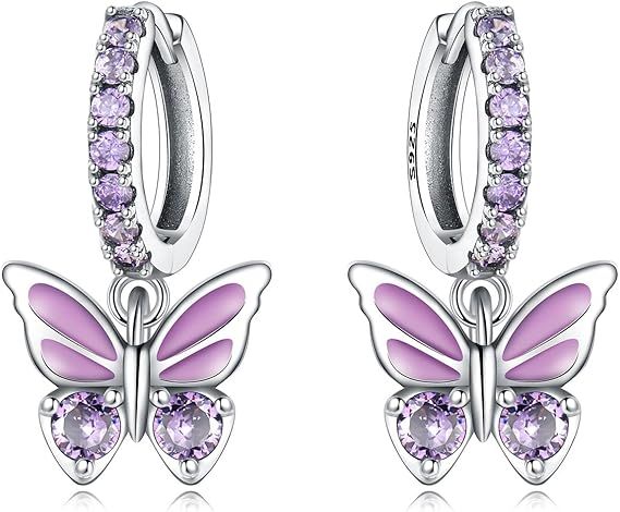 Silver Butterfly Hoop Earrings With Purple Stones