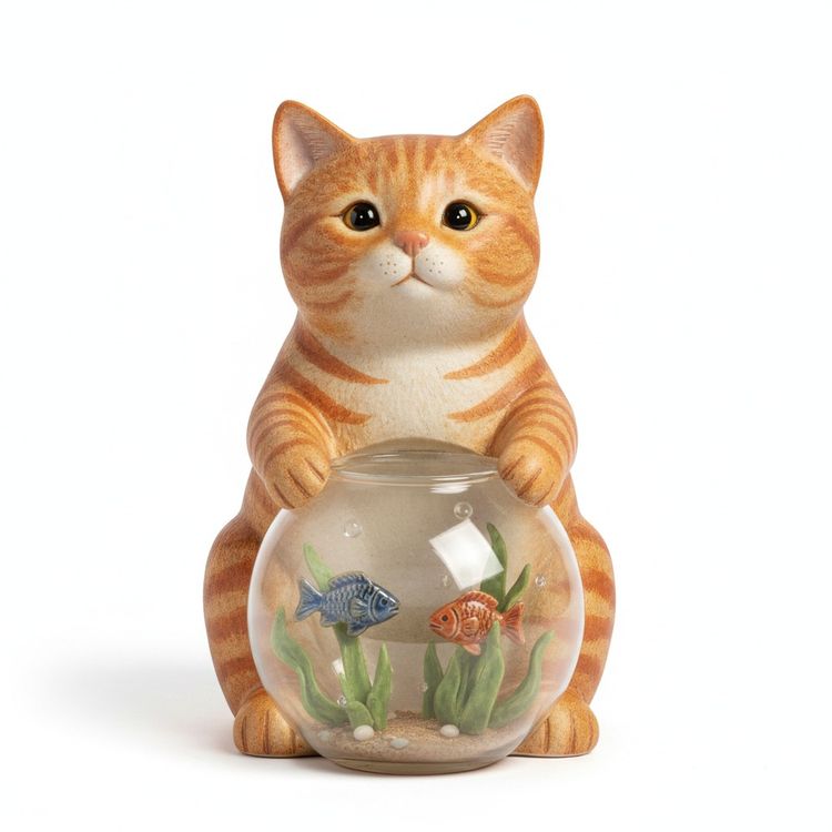 Ceramic Ginger Cat with Fish Bowl
