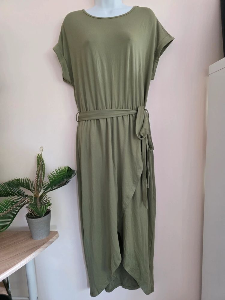 Shein Curve Khaki Green Rolled Sleeve Belted Tulip Hem Midi Dress (Size 0XL / UK 16) 👗