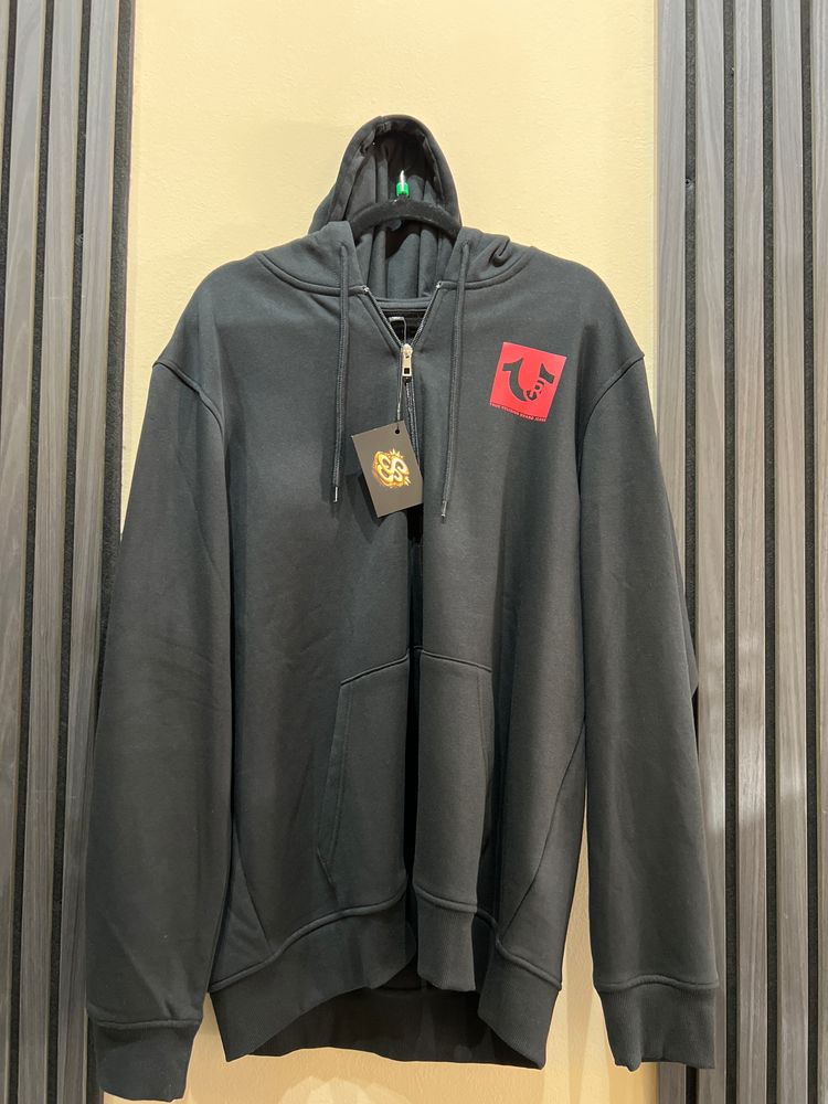 Black Zip-Up Hoodie With Red Logo Patch True Religion